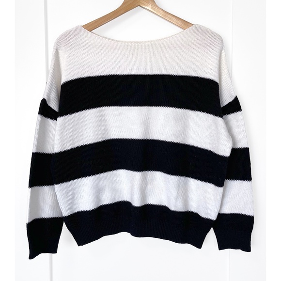 Simons Contemporaine Black & White Striped Cotton Sweater - Picture 1 of 8